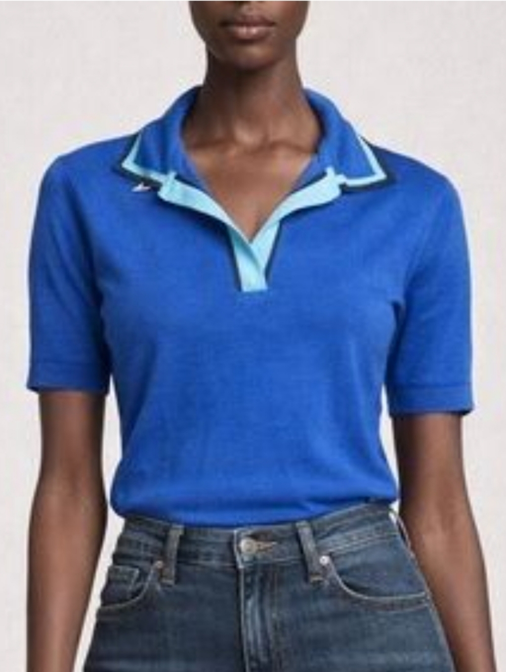 Eva-mendes Cobalt Blue Knit Polo Top with Light Blue Trim